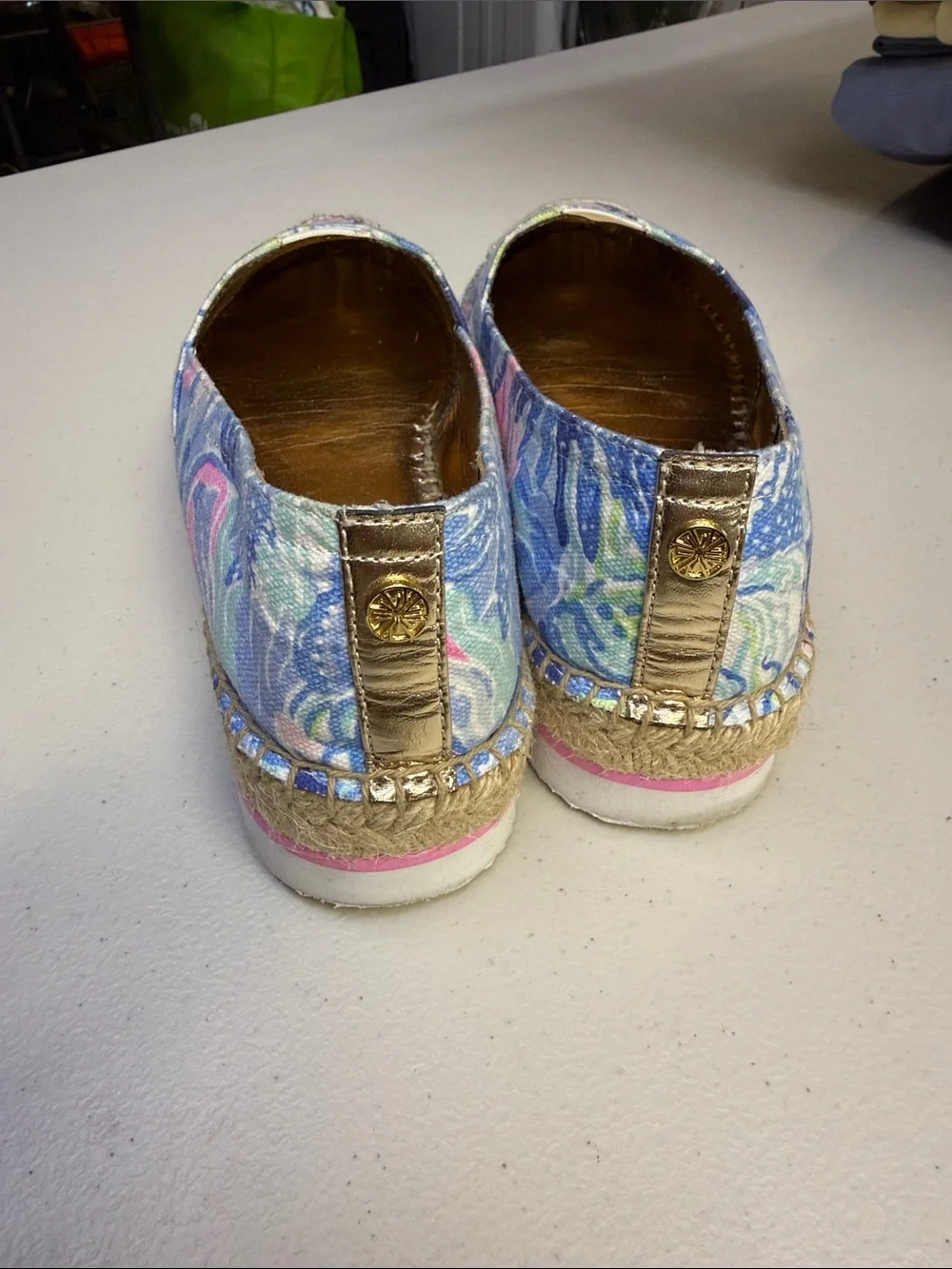 Lilly Pulitzer Blue Floral Canvas Espadrille Flats with Pink & Mint Accents